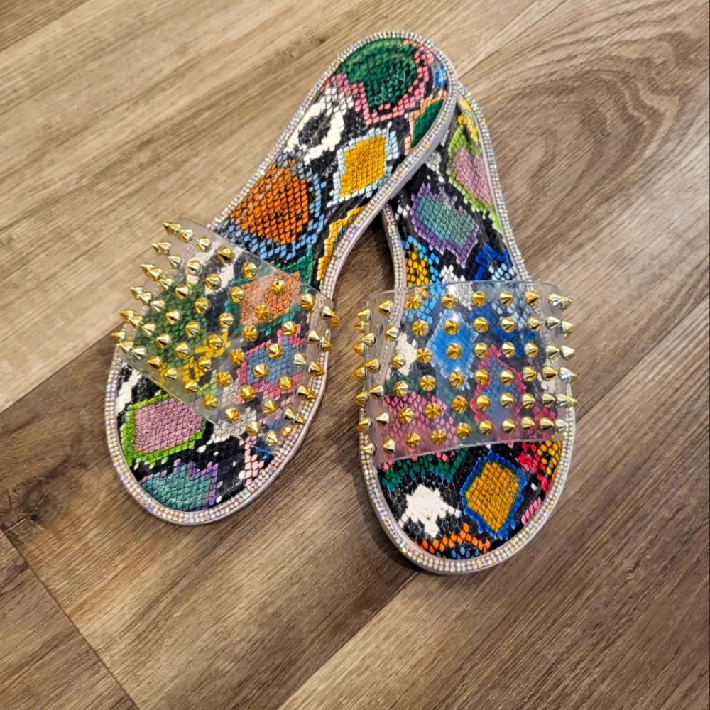 💛 Women's summer transperant flat snake print  sandals with gold rhinestones
